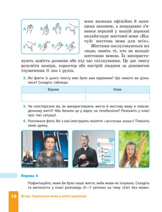 10 Вступ. Українська мова в житті українців
А Б В Г
Ґ Д Е Є
А Б В Г
Ґ Д Е Є
Вправа 4
Пофантазуйте, яким би було наше життя, якби мови не існувало . Складіть
та виголосіть у класі розповідь (5—7 речень) на тему «Світ без мови» .
вона визнана офіційно й захи-
щена законом, а нещодавно з’я-
вився перший у нашій державі
онлайн-курс жестової мови «Від-
чуй: жестова мова для всіх».
Жестами послуговуються всі
люди, навіть ті, хто не володіє
жестовою мовою. Їх використо-
вують замість розмови або під час спілкування. Це дає змогу
розуміти наміри, характер або настрій людини за допомогою
тлумачення її поз і рухів.
2. Які факти із цього тексту вже були вам відомими? Що нового ви дізна-
лися? Складіть таблицю .
Відоме Нове
3. Чи спостерігали ви, як використовують жести й жестову мову в повсяк-
денному житті? Або бачили це у відео, на телебаченні? Розкажіть у класі
про такі ситуації .
4. Розгляньте фото . Які з них ілюструють поняття «жестова мова»? Поясніть
свою думку .
 
