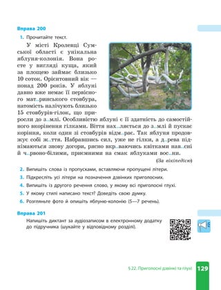 129
§ 22. Приголосні дзвінкі та глухі
Вправа 200
1. Прочитайте текст.
У місті Кролевці Сум-
ської області є унікальна
яблуня-колонія. Вона ро-
сте у вигляді куща, який
за площею займає близько
10 соток. Орієнтовний вік —
понад 200 років. У яблуні
давно вже немає її первісно-
го мат..ринського стовбура,
­
натомість налічують близько
15 стовбурів-гілок, що при-
росли до з..млі. Особливістю яблуні є її здатність до самостій-
ного вкорінення гілками. Віття на­
х..ляється до з..млі й пускає
коріння, коли один зі стовбурів відм..рає. Так яблуня продов-
жує собі ж..ття. Набравшись сил, уже не гілки, а д..рева під-
німаються знову догори, рясно вкр..ваючись квітками нав..сні
й ч..рвоно-білими, приємними на смак яблуками вос..ни.
(За вікіпедією)
2. Випишіть слова із пропусками, вставляючи пропущені літери.
3. Підкресліть усі літери на позначення дзвінких приголосних.
4. Випишіть із другого речення слово, у якому всі приголосні глухі.
5. У якому стилі написано текст? Доведіть свою думку.
6. Розгляньте фото й опишіть яблуню-колонію (5—7 речень).
Вправа 201
Напишіть диктант за аудіозаписом в електронному додатку
до підручника (шукайте у відповідному розділі).
 