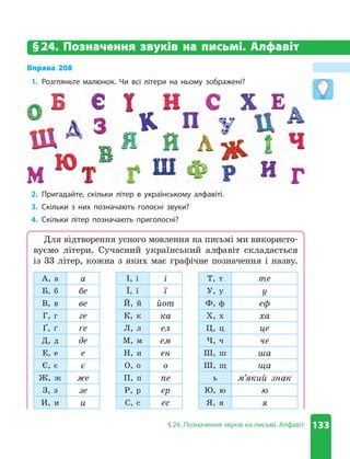 133
§ 24 . Позначення звуків на письмі . Алфавіт
§24. Позначення звуків на письмі. Алфавіт
Вправа 208
1. Розгляньте малюнок . Чи всі літери на ньому зображені?
2. Пригадайте, скільки літер в українському алфавіті .
3. Скільки з них позначають голосні звуки?
4. Скільки літер позначають приголосні?
Для відтворення усного мовлення на письмі ми використо-
вуємо літери. Сучасний український алфавіт складається
із 33 літер, кожна з яких має графічне позначення і назву.
А, а а І, і і Т, т те
Б, б бе Ї, ї ї У, у у
В, в ве Й, й йот Ф, ф еф
Г, г ге К, к ка Х, х ха
Ґ, ґ ґе Л, л ел Ц, ц це
Д, д де М, м ем Ч, ч че
Е, е е Н, н ен Ш, ш ша
Є, є є О, о о Ш, щ ща
Ж, ж же П, п пе ь м’який знак
З, з зе Р, р ер Ю, ю ю
И, и и С, с ес Я, я я
 