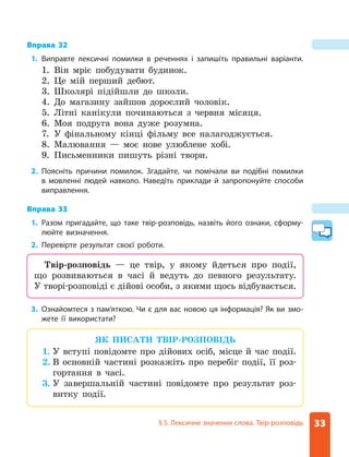 33
§ 5. Лексичне значення слова. Твір-розповідь
Вправа 32
1. Виправте лексичні помилки в реченнях і запишіть правильні варіанти.
1. Він мріє побудувати будинок.
2. Це мій перший дебют.
3. Школярі підійшли до школи.
4. До магазину зайшов дорослий чоловік.
5. Літні канікули починаються з червня місяця.
6. Моя подруга вона дуже розумна.
7. У фінальному кінці фільму все налагоджується.
8. Малювання — моє нове улюблене хобі.
9. Письменники пишуть різні твори.
2. Поясніть причини помилок. Згадайте, чи помічали ви подібні помилки
в мовленні людей навколо. Наведіть приклади й запропонуйте способи
виправлення.
Вправа 33
1. Разом пригадайте, що таке твір-розповідь, назвіть його ознаки, сформу-
люйте визначення.
2. Перевірте результат своєї роботи.
Твір-розповідь — це твір, у якому йдеться про події,
що розвиваються в часі й ведуть до певного результату.
У творі-розповіді є дійові особи, з якими щось відбувається.
3. Ознайомтеся з пам’яткою. Чи є для вас новою ця інформація? Як ви змо-
жете її використати?
ЯК ПИСАТИ ТВІР-РОЗПОВІДЬ
1. У вступі повідомте про дійових осіб, місце й час події.
2. В основній частині розкажіть про перебіг події, її роз-
гортання в часі.
3. У завершальній частині повідомте про результат роз-
витку події.
 