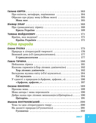 ЗМІСТ 7
Галина КИРПА. . . . . . . . . . . . . . . . . . . . . . . . . . . . . . . . . 163
Про епітети, метафори, порівняння . . . . . . . . . . . . . . . . . 164
Образно про рідну мову («Мова моя») . . . . . . . . . . . . . . . . 165
Мова моя. . . . . . . . . . . . . . . . . . . . . . . . . . . . . . . . . . . . 165
Віктор ЗУБАР . . . . . . . . . . . . . . . . . . . . . . . . . . . . . . . . . 168
Про громадянську лірику. . . . . . . . . . . . . . . . . . . . . . . . . . 168
Крила України . . . . . . . . . . . . . . . . . . . . . . . . . . . . . . . 169
Тетяна МАЙДАНОВИЧ . . . . . . . . . . . . . . . . . . . . . . . . . . . 171
Країна, яка надихає! . . . . . . . . . . . . . . . . . . . . . . . . . . . . . 171
Країна Українія . . . . . . . . . . . . . . . . . . . . . . . . . . . . . . 171
Рідна природа
Олена ПЧІЛКА . . . . . . . . . . . . . . . . . . . . . . . . . . . . . . . . . 175
Природа в літературній творчості . . . . . . . . . . . . . . . . . . . 176
Зимовий день («З ґринджолятами»). . . . . . . . . . . . . . . . . . 177
З ґринджолятами. . . . . . . . . . . . . . . . . . . . . . . . . . . . . 177
Павло ТИЧИНА. . . . . . . . . . . . . . . . . . . . . . . . . . . . . . . . . 180
Пейзажна лірика . . . . . . . . . . . . . . . . . . . . . . . . . . . . . . . . 181
Казкова гармонія («Хор лісових дзвіночків») . . . . . . . . . . 182
Хор лісових дзвіночків. . . . . . . . . . . . . . . . . . . . . . . . . 182
Загадкова музика світу («Гаї шумлять»). . . . . . . . . . . . . . 184
Гаї шумлять . . . . . . . . . . . . . . . . . . . . . . . . . . . . . . . . . 184
У єдності з природою («Арфами, арфами…»). . . . . . . . . . . 186
«Арфами, арфами…». . . . . . . . . . . . . . . . . . . . . . . . . . . 187
Оксана ІВАНЕНКО. . . . . . . . . . . . . . . . . . . . . . . . . . . . . . . 189
Прозова мова. . . . . . . . . . . . . . . . . . . . . . . . . . . . . . . . . . . . 189
Мова автора і мова персонажів . . . . . . . . . . . . . . . . . . . . . 190
Добра казка про лісових мешканців («Цвітарінь»). . . . . . 190
Цвітарінь. . . . . . . . . . . . . . . . . . . . . . . . . . . . . . . . . . . . 191
Микола ВІНГРАНОВСЬКИЙ. . . . . . . . . . . . . . . . . . . . . . . .  200
Тема та ідея літературного твору. . . . . . . . . . . . . . . . . . . . 200
На захисті природи («Гусенятко»). . . . . . . . . . . . . . . . . . . 201
Гусенятко . . . . . . . . . . . . . . . . . . . . . . . . . . . . . . . . . . . 202
 