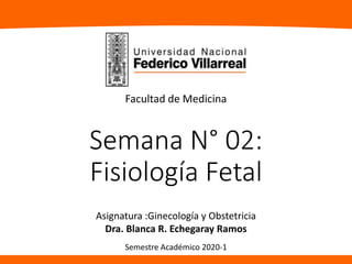 Semana N° 02:
Fisiología Fetal
Asignatura :Ginecología y Obstetricia
Dra. Blanca R. Echegaray Ramos
Facultad de Medicina
Semestre Académico 2020-1
 