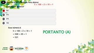15
PORTANTO (A)
Observe a decomposição feita abaixo:
5 × 100 + 2 × 10 + 1
Qual é esse número?
Esse número é:
5 × 100 + 2 × 10 + 1
= 500 + 20 + 1
= 521
 