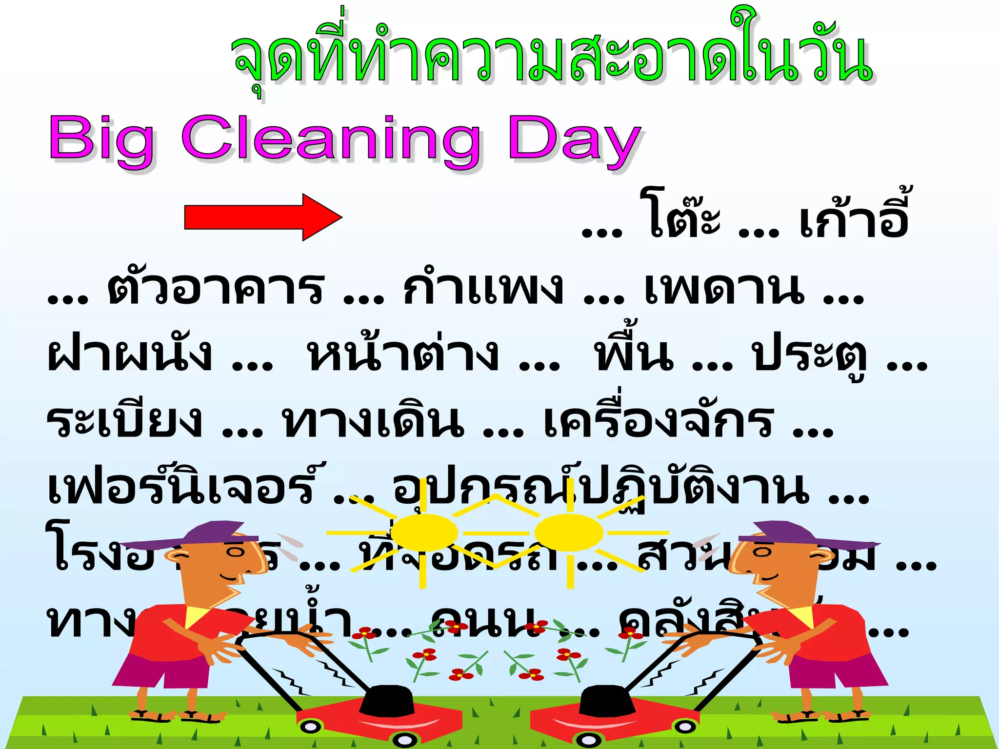 ... โต๊ะ ... เก้าอี้
... ตัวอาคาร ... กาแพง ... เพดาน ...
ฝาผนัง ... หน้าต่าง ... พื้น ... ประตู ...
ระเบียง ... ทางเดิน ... เครื่องจักร ...
เฟอร ์นิเจอร ์... อุปกรณ์ปฏิบัติงาน ...
โรงอาหาร ... ที่จอดรถ ... สวนหย่อม ...
ทางระบายน้า ... ถนน ... คลังสินค้า ...
 
