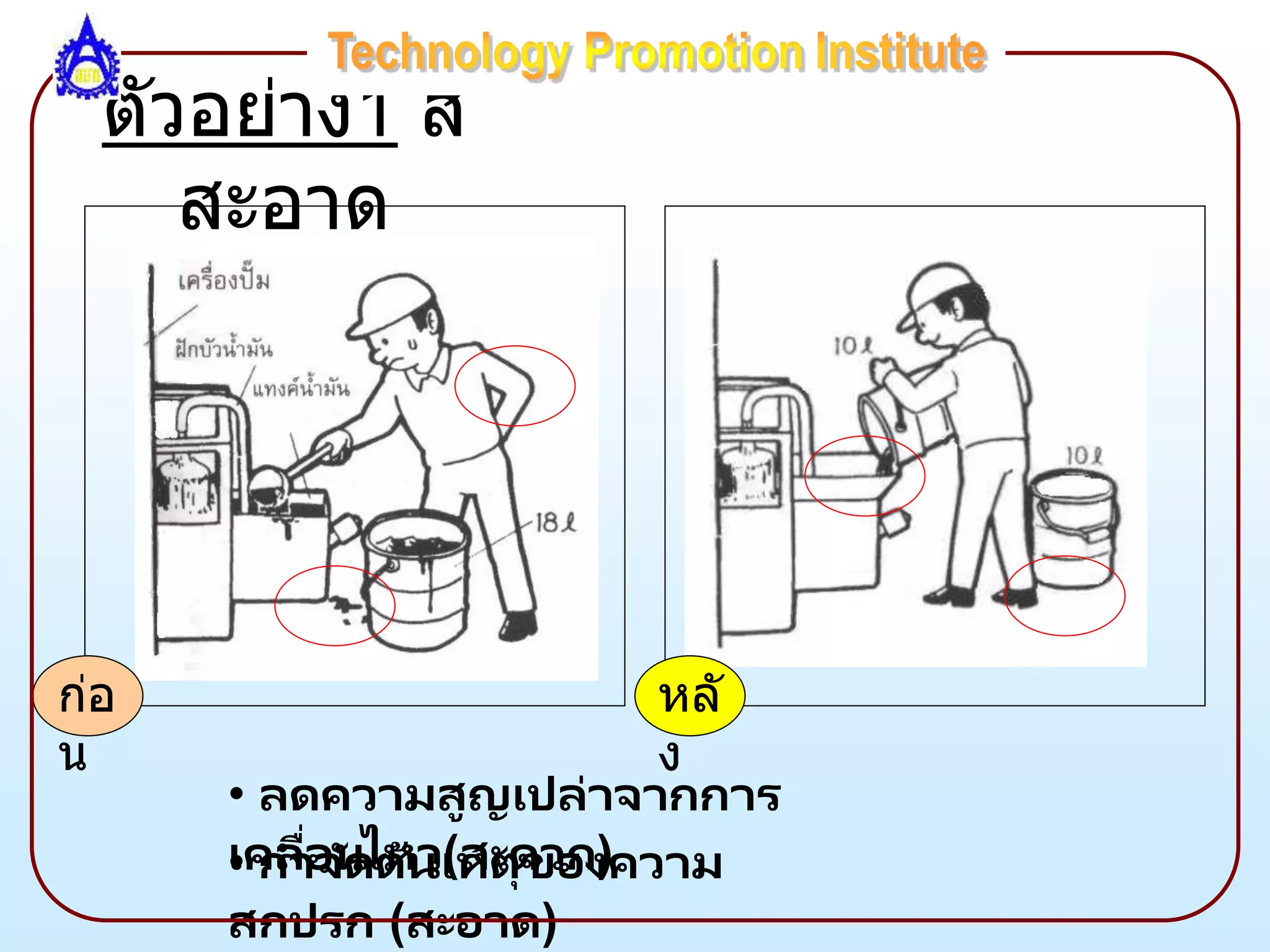 ตัวอย่าง1 ส
สะอาด
ก่อ
น
หลั
ง
• ลดความสูญเปล่าจากการ
เคลื่อนไหว(สะดวก)
• กาจัดต้นเหตุของความ
สกปรก (สะอาด)
 