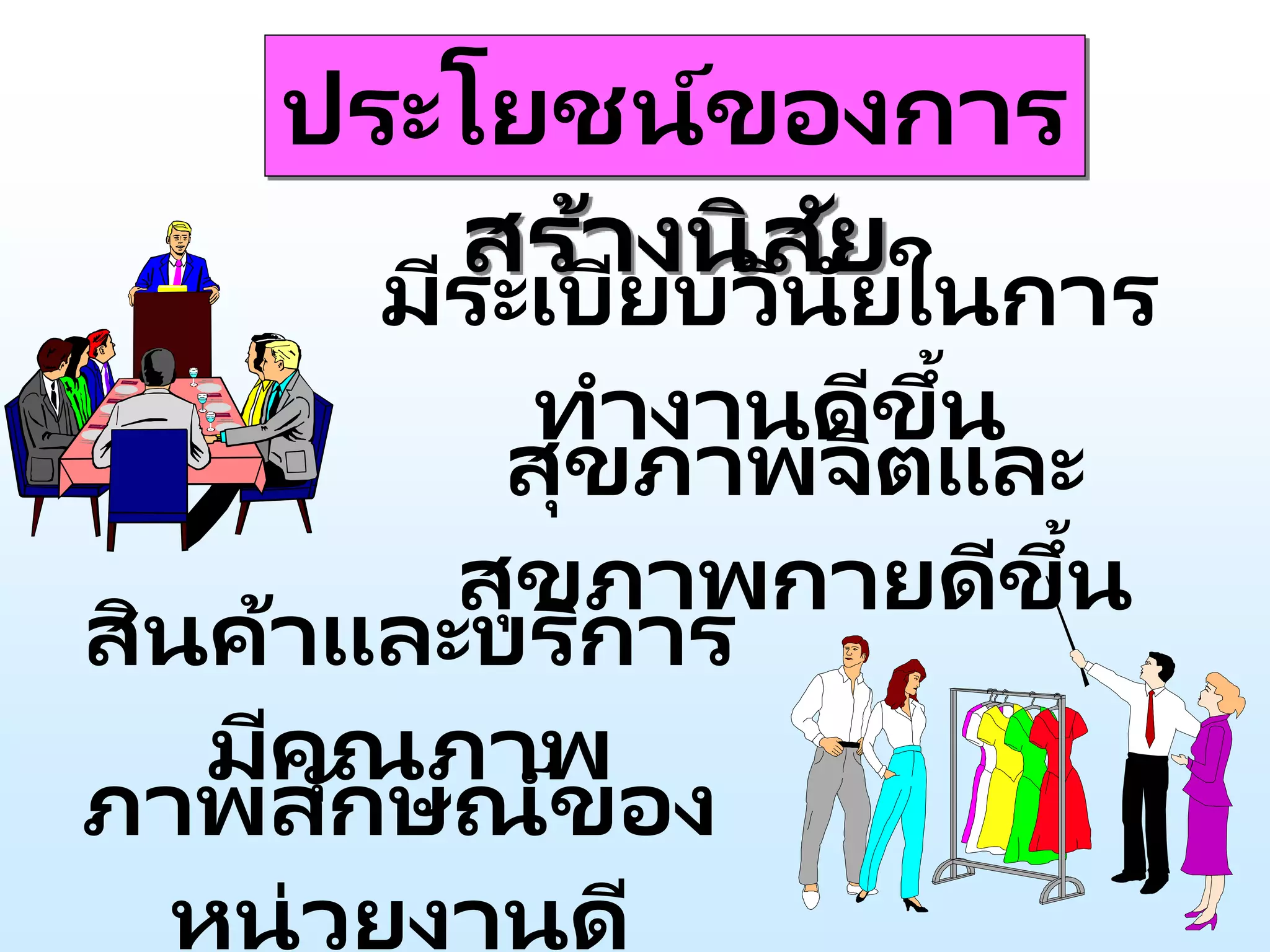 ประโยชน์ของการ
สร้างนิสัย
มีระเบียบวินัยในการ
ทางานดีขึ้น
สินค้าและบริการ
มีคุณภาพ
สุขภาพจิตและ
สุขภาพกายดีขึ้น
ภาพลักษณ์ของ
หน่วยงานดี
 