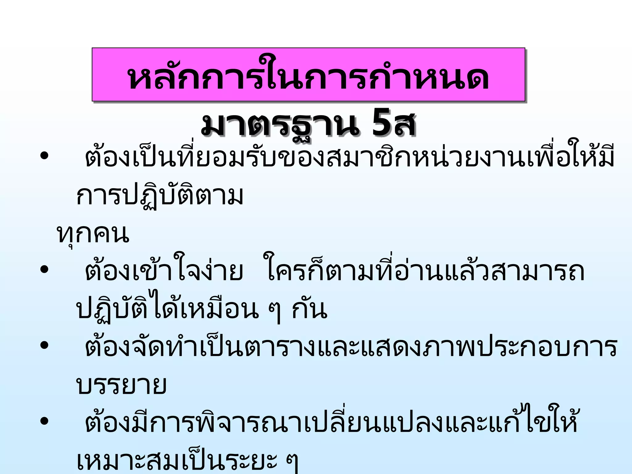 • ต้องเป็นที่ยอมรับของสมาชิกหน่วยงานเพื่อให้มี
การปฏิบัติตาม
ทุกคน
• ต้องเข้าใจง่าย ใครก็ตามที่อ่านแล้วสามารถ
ปฏิบัติได้เหมือน ๆ กัน
• ต้องจัดทาเป็นตารางและแสดงภาพประกอบการ
บรรยาย
• ต้องมีการพิจารณาเปลี่ยนแปลงและแก้ไขให้
เหมาะสมเป็นระยะ ๆ
หลักการในการกาหนด
มาตรฐาน 5ส
 