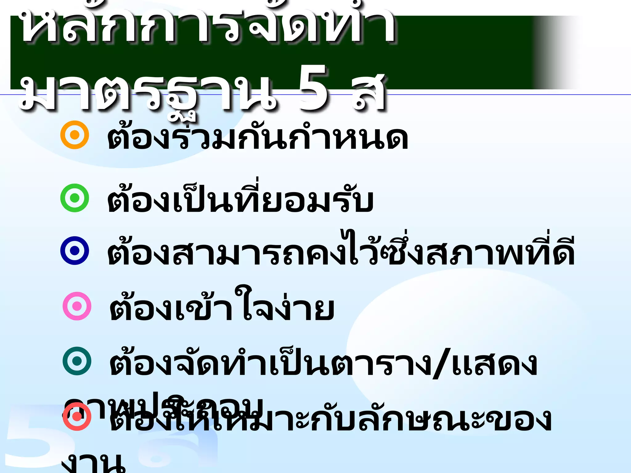 กิจกรรม 5 ส
๏ ต้องร่วมกันกาหนด
๏ ต้องเป็ นที่ยอมรับ
๏ ต้องสามารถคงไว้ซึ่งสภาพที่ดี
หลักการจัดทา
มาตรฐาน 5 ส
๏ ต้องเข้าใจง่าย
๏ ต้องจัดทาเป็ นตาราง/แสดง
ภาพประกอบ
๏ ต้องให้เหมาะกับลักษณะของ
 