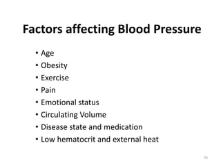 Factors affecting Blood Pressure
• Age
• Obesity
• Exercise
• Pain
• Emotional status
• Circulating Volume
• Disease state and medication
• Low hematocrit and external heat
56
 