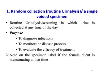 1. Random collection (routine Urinalysis)/ a single
voided specimen
• Routine Urinalysis/screening in which urine is
collected at any time of the day
• Purpose
• To diagnose infections
• To monitor the disease process
• To evaluate the efficacy of treatment
 Note on the specimen label if the female client is
menstruating at that time
64
 