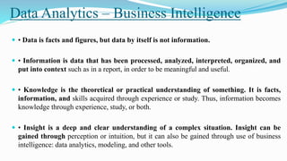 Data Analytics – Business Intelligence
 • Data is facts and figures, but data by itself is not information.
 • Information is data that has been processed, analyzed, interpreted, organized, and
put into context such as in a report, in order to be meaningful and useful.
 • Knowledge is the theoretical or practical understanding of something. It is facts,
information, and skills acquired through experience or study. Thus, information becomes
knowledge through experience, study, or both.
 • Insight is a deep and clear understanding of a complex situation. Insight can be
gained through perception or intuition, but it can also be gained through use of business
intelligence: data analytics, modeling, and other tools.
 