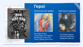 Сонячний світ добра
Буссе-Міо, Бенко,
тітка Лундін, тато-король,
Юм-Юм, Їрі, Нонно, Ено,
Ткаля, Зброяр, діти-птахи
Світ зл...