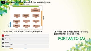 11
PORTANTO (A)
Observe o mapa que Amanda fez de sua sala de aula.
Qual a criança que se senta mais longe da porta? De acordo com o mapa, Clovis é a criança
que senta mais longe da porta.
 