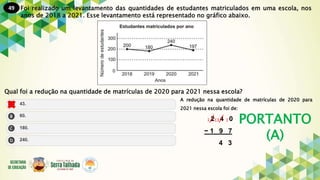 49
PORTANTO
(A)
Foi realizado um levantamento das quantidades de estudantes matriculados em uma escola, nos
anos de 2018 a 2021. Esse levantamento está representado no gráfico abaixo.
Qual foi a redução na quantidade de matrículas de 2020 para 2021 nessa escola?
A redução na quantidade de matrículas de 2020 para
2021 nessa escola foi de:
2 4 0
− 1 9 7
4 3
1
13
1
 