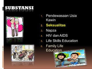 1. Pendewasaan Usia
Kawin
2. Seksualitas
3. Napza
4. HIV dan AIDS
5. Life Skills Education
6. Family Life
Education
 