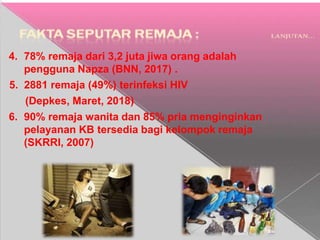 4. 78% remaja dari 3,2 juta jiwa orang adalah
pengguna Napza (BNN, 2017) .
5. 2881 remaja (49%) terinfeksi HIV
(Depkes, Maret, 2018)
6. 90% remaja wanita dan 85% pria menginginkan
pelayanan KB tersedia bagi kelompok remaja
(SKRRI, 2007)
 