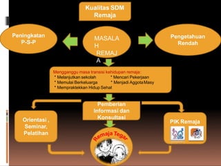 MASALA
H
REMAJ
A
Pengetahuan
Rendah
Peningkatan
P-S-P
Pemberian
Informasi dan
Konsultasi
Orientasi ,
Seminar,
Pelatihan
PIK Remaja
Kualitas SDM
Remaja
Mengganggu masa transisi kehidupan remaja:
* Melanjutkan sekolah
* Memulai Berkeluarga
* Mencari Pekerjaan
* Menjadi AggotaMasy
* Mempraktekkan Hidup Sehat
 