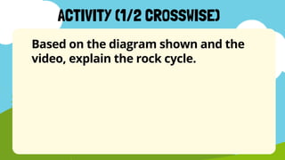Based on the diagram shown and the
video, explain the rock cycle.
ACTIVITY (1/2 CROSSWISE)
 