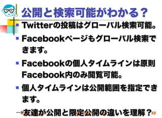 公開と検索可能がわかる？
   Twitterの投稿はグローバル検索可能。
   Facebookページもグローバル検索で
    きます。
   Facebookの個人タイムラインは原則
    Facebook内のみ閲覧可能。
   個人タイムラインは公開範囲を指定でき
    ます。
→友達が公開と限定公開の違いを理解？
 2012/5/23 高度情報化と社会生活 32
 