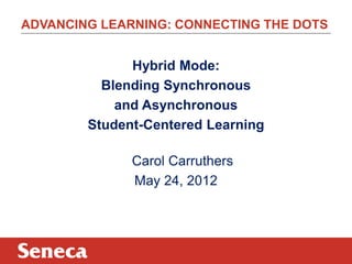 ADVANCING LEARNING: CONNECTING THE DOTS


              Hybrid Mode:
          Blending Synchronous
            and Asynchronous
        Student-Centered Learning

              Carol Carruthers
              May 24, 2012
 