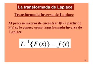39
Al proceso inverso de encontrar f(t) a partir de
F(s) se le conoce como transformada inversa de
Laplace
L−1
{F(s)} = f (t)
Transformada inversa de Laplace
La transformada de Laplace
 