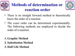 Methods of determination or
reaction order
• There is no straight forward method to theoretically
know the order of a reaction.
• The exact order can be determined experimentally.
The following methods are employed to decide the
order of a reaction.
1. Graphic Method
2. Substitution Method
3. Half Life Method
 