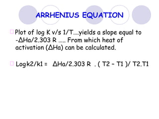 ARRHENIUS EQUATION
Plot of log K v/s 1/T….yields a slope equal to
-ΔHa/2.303 R ….. From which heat of
activation (ΔHa) can be calculated.
Logk2/k1 = ΔHa/2.303 R . ( T2 – T1 )/ T2.T1
 