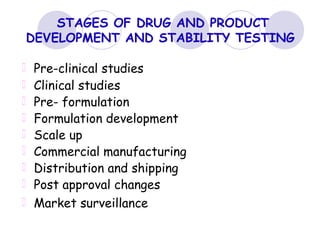 STAGES OF DRUG AND PRODUCT
DEVELOPMENT AND STABILITY TESTING
Pre-clinical studies
Clinical studies
Pre- formulation
Formulation development
Scale up
Commercial manufacturing
Distribution and shipping
Post approval changes
Market surveillance
 
