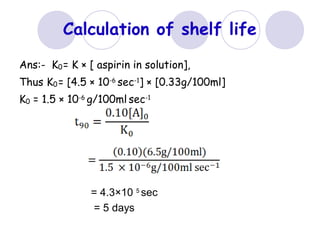Calculation of shelf life
Ans:- K0= K × [ aspirin in solution],
Thus K0= [4.5 × 10-6
sec-1
] × [0.33g/100ml]
K0 = 1.5 × 10-6
g/100ml sec-1
= 4.3×10 5
sec
= 5 days
 
