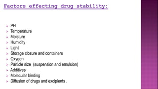  PH
 Temperature
 Moisture
 Humidity
 Light
 Storage closure and containers
 Oxygen
 Particle size (suspension and emulsion)
 Additives
 Molecular binding
 Diffusion of drugs and excipients .
Factors effecting drug stability:
 