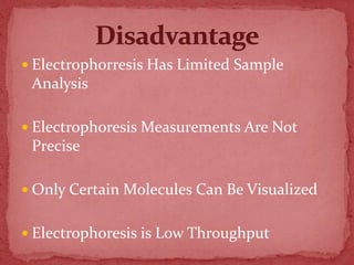  Electrophorresis Has Limited Sample
Analysis
 Electrophoresis Measurements Are Not
Precise
 Only Certain Molecules Can Be Visualized
 Electrophoresis is Low Throughput
 