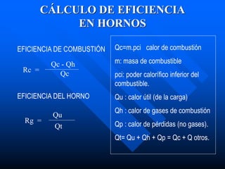 CÁLCULO DE EFICIENCIA
EN HORNOS
EFICIENCIA DE COMBUSTIÓN
Qc - Qh
Rc =
Qc
EFICIENCIA DEL HORNO
Qu
Qt
Rg =
Qc=m.pci calor de combustión
m: masa de combustible
pci: poder calorífico inferior del
combustible.
Qu : calor útil (de la carga)
Qh : calor de gases de combustión
Qp : calor de pérdidas (no gases).
Qt= Qu + Qh + Qp = Qc + Q otros.
 