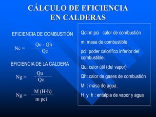 CÁLCULO DE EFICIENCIA
EN CALDERAS
EFICIENCIA DE COMBUSTIÓN
Qc - Qh
Nc =
Qc
EFICIENCIA DE LA CALDERA
Qu
Qc
Ng =
Qc=m.pci calor de combustión
m: masa de combustible
pci: poder calorífico inferior del
combustible.
Qu: calor útil (del vapor)
Qh: calor de gases de combustión
M : masa de agua.
H y h : entalpia de vapor y agua
M (H-h)
m pci
Ng =
 