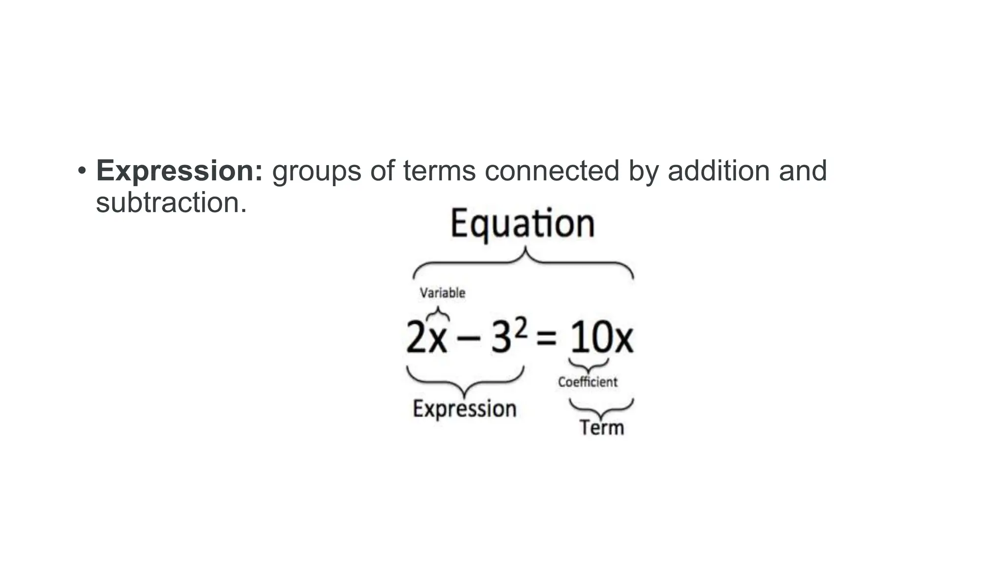 • Expression: groups of terms connected by addition and
subtraction.
 