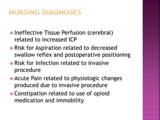  Ineffective Tissue Perfusion (cerebral)
related to increased ICP
 Risk for Aspiration related to decreased
swallow reflex and postoperative positioning
 Risk for Infection related to invasive
procedure
 Acute Pain related to physiologic changes
produced due to invasive procedure
 Constipation related to use of opioid
medication and immobility
 