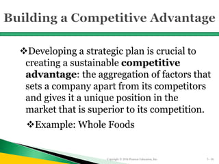 Developing a strategic plan is crucial to
creating a sustainable competitive
advantage: the aggregation of factors that
sets a company apart from its competitors
and gives it a unique position in the
market that is superior to its competition.
Example: Whole Foods
Copyright © 2016 Pearson Education, Inc. 5 - 26
 