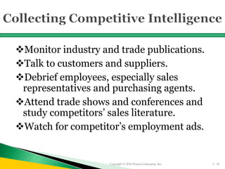 Monitor industry and trade publications.
Talk to customers and suppliers.
Debrief employees, especially sales
representatives and purchasing agents.
Attend trade shows and conferences and
study competitors’ sales literature.
Watch for competitor’s employment ads.
Copyright © 2016 Pearson Education, Inc. 5 - 41
 