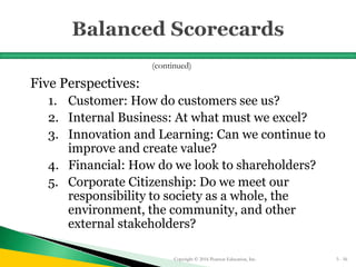 Five Perspectives:
1. Customer: How do customers see us?
2. Internal Business: At what must we excel?
3. Innovation and Learning: Can we continue to
improve and create value?
4. Financial: How do we look to shareholders?
5. Corporate Citizenship: Do we meet our
responsibility to society as a whole, the
environment, the community, and other
external stakeholders?
Copyright © 2016 Pearson Education, Inc. 5 - 56
(continued)
 