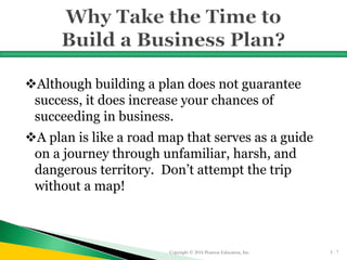 Although building a plan does not guarantee
success, it does increase your chances of
succeeding in business.
A plan is like a road map that serves as a guide
on a journey through unfamiliar, harsh, and
dangerous territory. Don’t attempt the trip
without a map!
Copyright © 2016 Pearson Education, Inc. 5 - 7
 