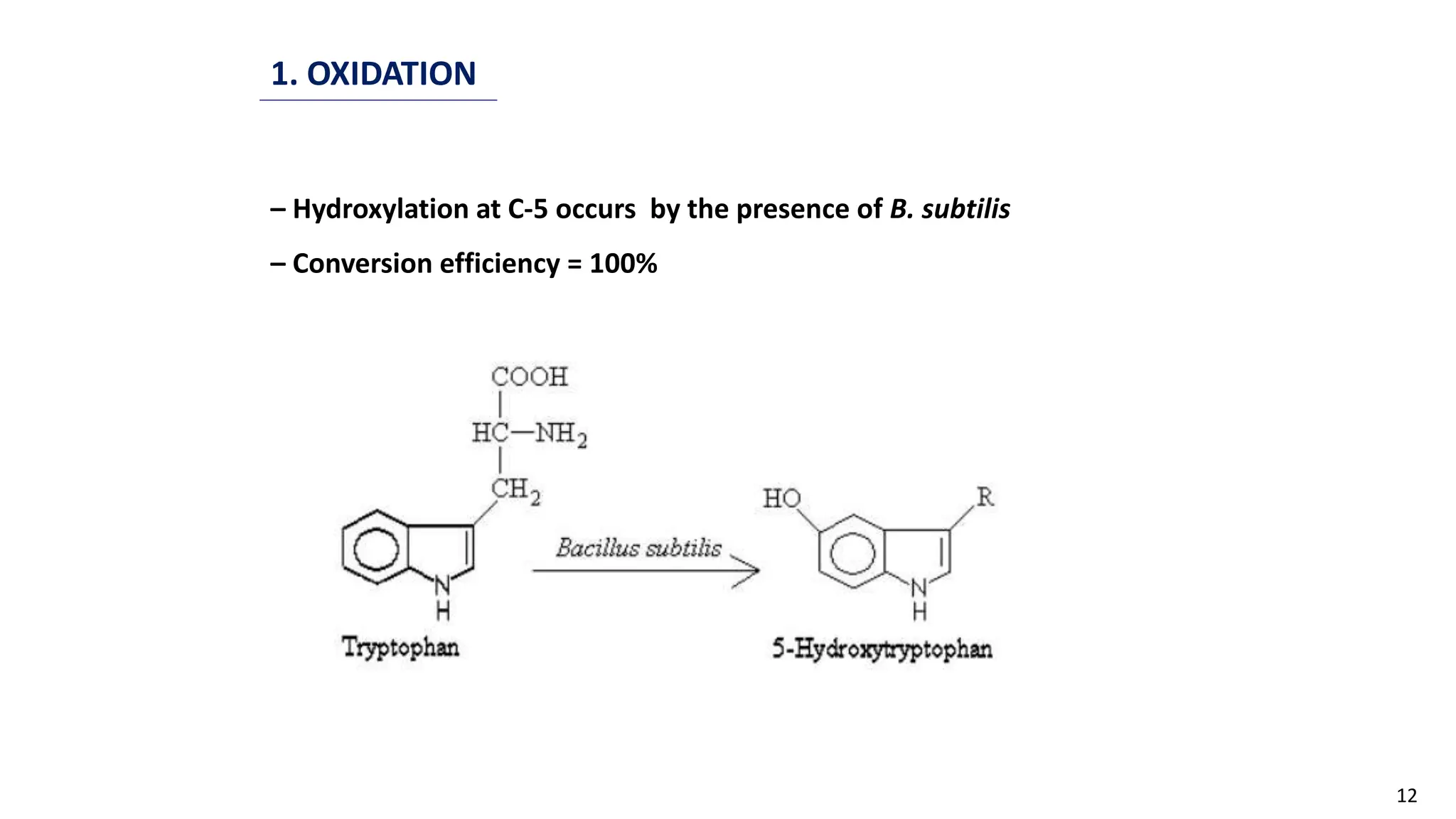 12
1. OXIDATION
– Hydroxylation at C-5 occurs by the presence of B. subtilis
– Conversion efficiency = 100%
 