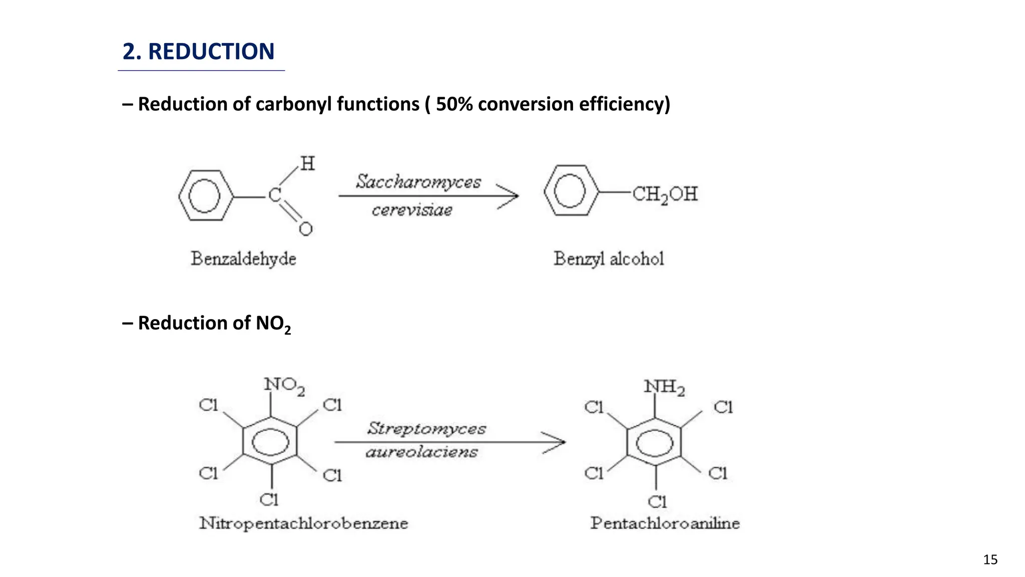 15
2. REDUCTION
– Reduction of carbonyl functions ( 50% conversion efficiency)
– Reduction of NO2
 