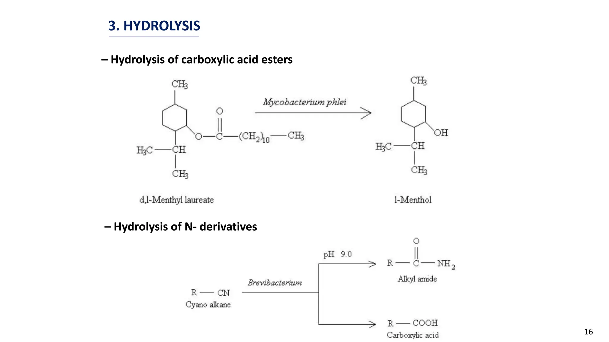 16
3. HYDROLYSIS
– Hydrolysis of carboxylic acid esters
– Hydrolysis of N- derivatives
 
