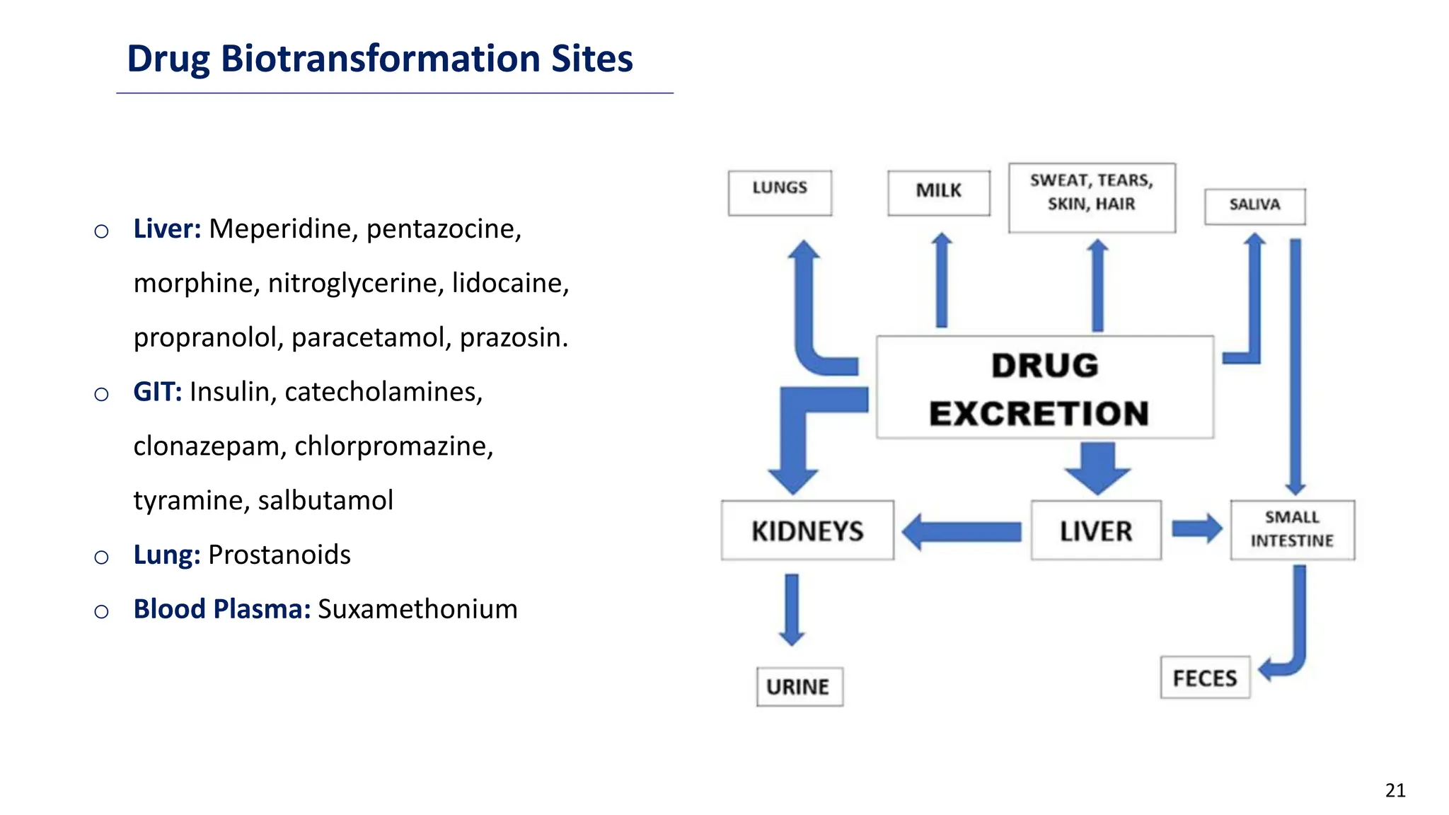 21
Drug Biotransformation Sites
o Liver: Meperidine, pentazocine,
morphine, nitroglycerine, lidocaine,
propranolol, paracetamol, prazosin.
o GIT: Insulin, catecholamines,
clonazepam, chlorpromazine,
tyramine, salbutamol
o Lung: Prostanoids
o Blood Plasma: Suxamethonium
 