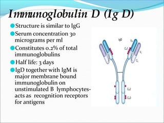 Immunoglobulin D (Ig D)
●Structure is similar to IgG
●Serum concentration 30
micrograms per ml
●Constitutes 0.2% of total
immunoglobulins
●Half life: 3 days
●IgD together with IgM is
major membrane bound
immunoglobulin on
unstimulated B lymphocytes-
acts as recognition receptors
for antigens
 