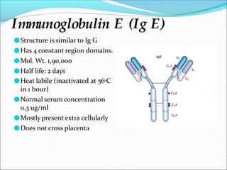Immunoglobulin E (Ig E)
●Structure is similar to Ig G
●Has 4 constant region domains.
●Mol. Wt. 1,90,000
●Half life: 2 days
●Heat labile (inactivated at 560C
in 1 hour)
●Normal serum concentration
0.3 ug/ml
●Mostly present extra cellularly
●Does not cross placenta
 