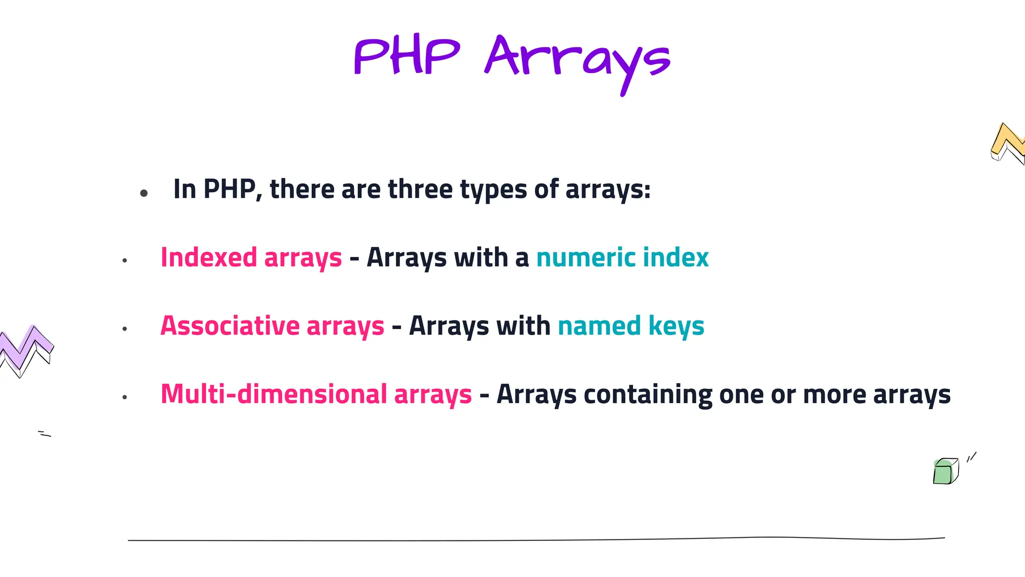 PHP Arrays
● In PHP, there are three types of arrays:
• Indexed arrays - Arrays with a numeric index
• Associative arrays - Arrays with named keys
• Multi-dimensional arrays - Arrays containing one or more arrays
 