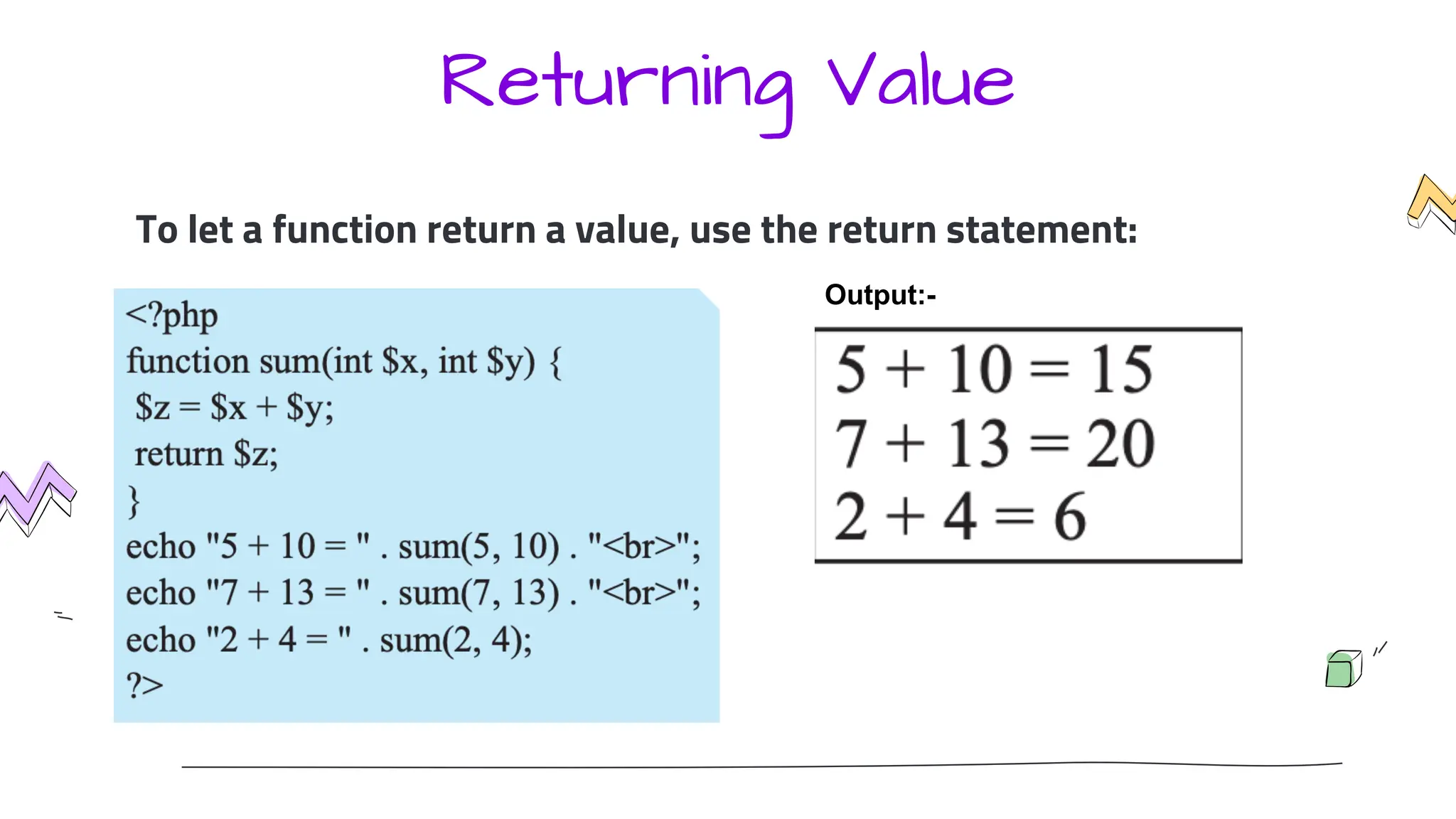 Returning Value
To let a function return a value, use the return statement:
Output:-
 