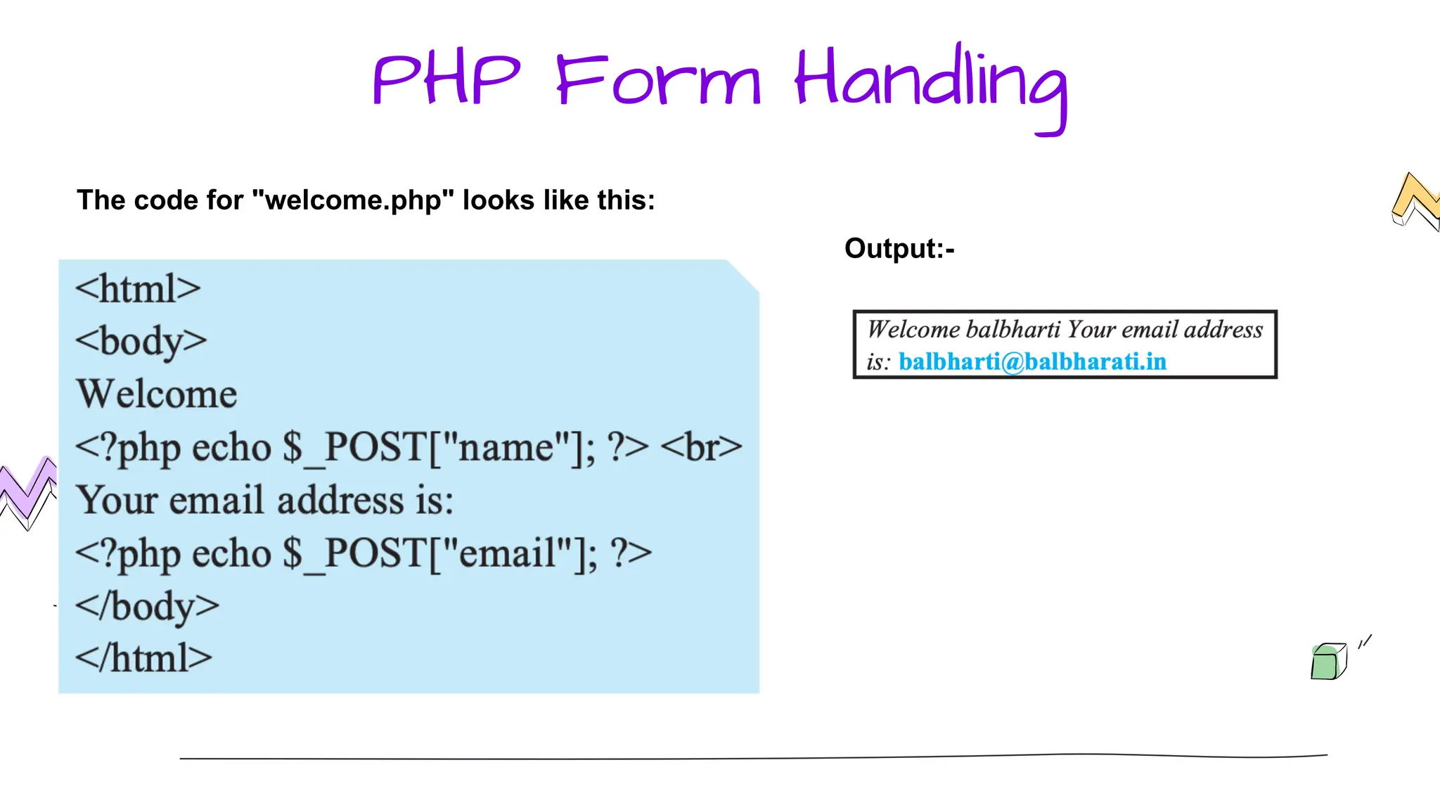 PHP Form Handling
The code for "welcome.php" looks like this:
Output:-
 