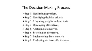 The Decision Making Process
Step 1: Identifying a problem.
Step 2: Identifying decision criteria.
Step 3: Allocating weights to the criteria.
Step 4: Developing alternatives.
Step 5: Analyzing alternatives.
Step 6: Selecting an alternative.
Step 7: Implementing the alternative.
Step 8: Evaluating decision effectiveness.
 