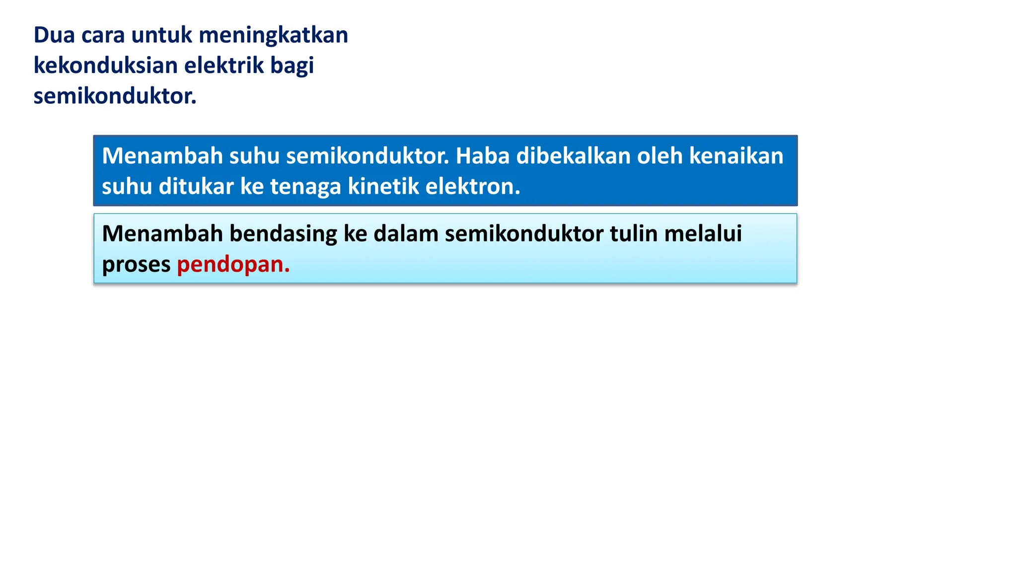Menambah suhu semikonduktor. Haba dibekalkan oleh kenaikan
suhu ditukar ke tenaga kinetik elektron.
Menambah bendasing ke dalam semikonduktor tulin melalui
proses pendopan.
Dua cara untuk meningkatkan
kekonduksian elektrik bagi
semikonduktor.
 